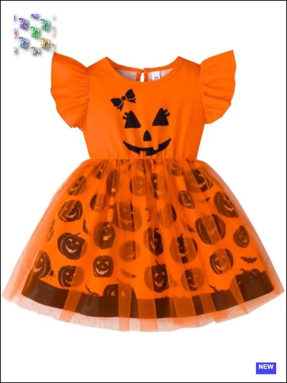 Toddler Girls Halloween Tutu Dress Pumpkin Ruffle Sleeve A-Line Costume